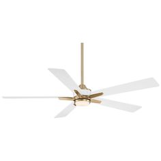 a ceiling fan with three white blades on the top and two gold blades on the bottom