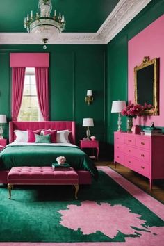 a bedroom with green walls and pink furniture in the center, along with a chandelier