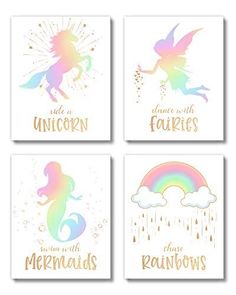 four little mermaids wall art prints with rainbows and unicorns on the sides