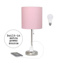 a pink lamp next to a cell phone and remote control on a white background with the text built - in extra power source