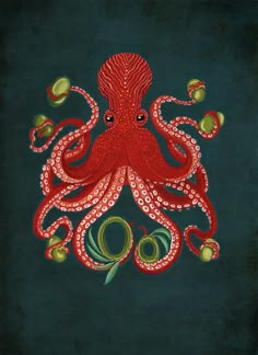 an octopus is depicted on a blue background with green and red ornaments in the shape of apples