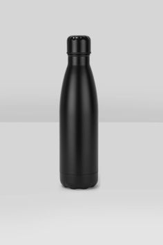 a black stainless steel water bottle on a white background with clippings to the side