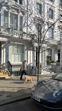 a man walking his dog down the street