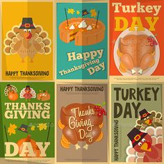 thanksgiving greeting cards with turkeys, pumpkins, turkey and happy thanksgiving day on them