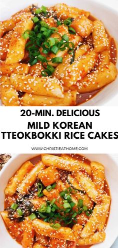 two pictures with different types of food in them and the words, 20 min delicious mild korean teokki rice cakes