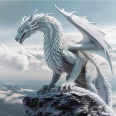 a white dragon sitting on top of a rock in the sky with clouds behind it