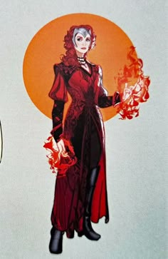 an image of a woman holding fire in her hand and wearing a red dress with black trim