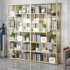 a living room filled with lots of books and plants