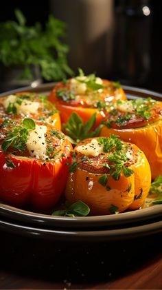 several stuffed peppers on a plate with parsley