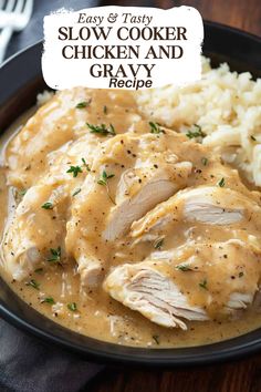 chicken and gravy is served on a plate with mashed potatoes, garnished with parsley