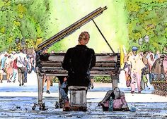 a drawing of a man sitting at a piano in front of a crowd of people