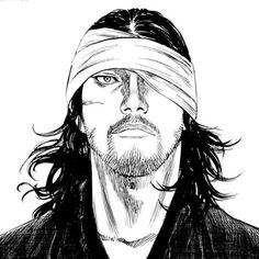 a black and white drawing of a man wearing a bandana