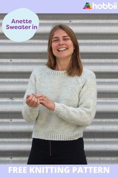 a woman smiling and holding her hands together with the text free knitting pattern on it