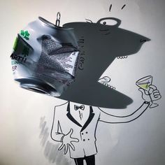 a drawing of a man in a suit holding a beer can with the shape of a shark on it