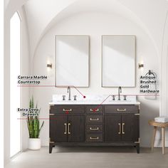 a bathroom with double sinks and mirrors on the wall next to potted plant in front of it