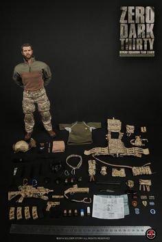 the action figure is displayed with all kinds of items