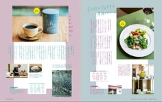 an open book with pictures of food and drinks on the pages, including coffee in a mug