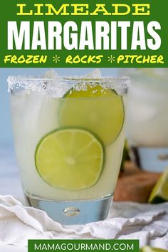 limeade margaritas frozen in rocks and pitcher with text overlay that reads, limeade margaritas frozen in rocks and pitcher