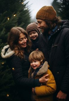 a group of people standing next to each other in front of a christmas tree with lights