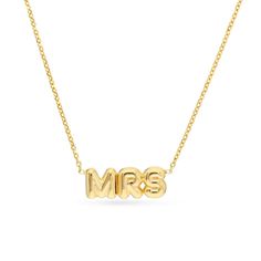 Show off your new title with this puffed “Mrs.” necklace. 14K gold The letters “Mrs” are capitalized across the design 16.0-inch cable chain with 2.0-inch extender; lobster claw clasp Mrs Necklace, Show Off, Cable Chain, Lobster Claw, Cable, Chain, Gold, Quick Saves, Design