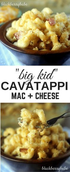 two pictures of macaroni and cheese with the words, big kid cava tapi mac and cheese