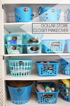 the shelves are filled with plastic baskets and other items to store for children's toys