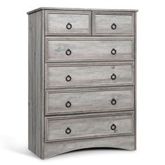 a gray dresser with drawers and knobs on the bottom drawer, against a white background