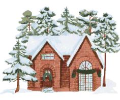 a red brick house with trees and snow on the roof is shown in this cross stitch pattern