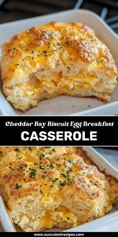 cheddar bay biscuit egg breakfast casserole in a white baking dish