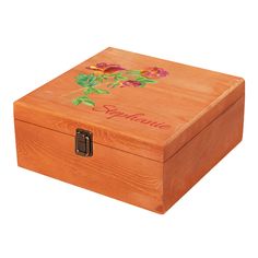 a wooden box with flowers painted on it