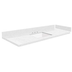 a white counter top with a sink in the middle and an open drawer underneath it