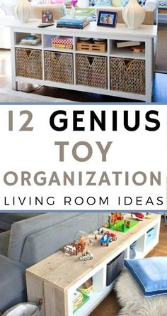 the living room is organized with toys and storage