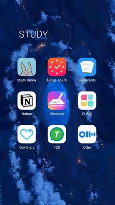 an iphone screen with icons on it and the words study above them in white letters