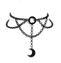 Gothic Necklace features a Black Crescent Moon dangling amongst a series of bib like multi strands, with chains made out of a Black coated metal alloy base on this Halloween themed Occult necklace.  Perfect for a beguiling Witchy like vibe for that special Halloween costume.  Adjustable Crescent Moon necklace adjusts from a choker length of 15 inches to 18 inches with extender & will arrive beautifully gift boxed. Moon Choker, Goth Necklaces, Moon Choker Necklace, Gothic Choker Necklace, Black Halloween Nails, Goth Necklace, Gothic Chokers, Edgy Jewelry