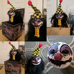 four pictures of clowns with their faces painted to look like they are in the box