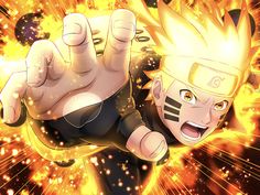 the character naruto is flying through the air with his hand up in front of him