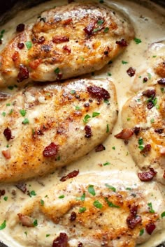 Heavy cream and bacon make the most amazing sauce for chicken! This easy recipe is perfect for date night or any night. Chicken Bacon Heavy Cream Recipes, Chicken Bacon Cream Sauce, Healthy Chicken And Bacon Recipes, Cooking With Bacon Recipes, Cream Of Bacon Recipes, Yummy Sauce For Chicken, Cooking Sauces For Chicken, Chicken Bacon Bake, Cooking For Big Family