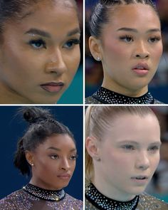 four pictures of models with different hairstyles and jewelry on their faces, from the front to the back