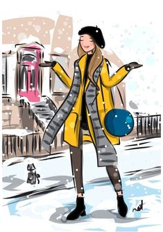 a woman is standing in the snow with her hand on her hip and wearing a yellow coat