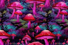 many pink mushrooms are growing in the forest with green grass and trees behind them on a purple background