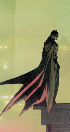 a batman standing on top of a building with his cape flying in the air above him