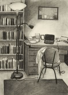 a black and white drawing of a desk with a laptop, bookshelf and lamp