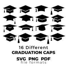 black and white graduation caps with the words, 16 different graduation caps svg png