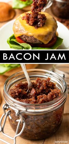 bacon jam in a jar with a hamburger on the side and an image of a burger