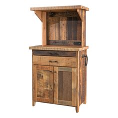 a wooden cabinet with drawers and doors on the front, sitting against a white background