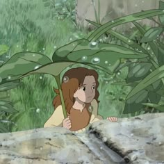 a cartoon character holding an umbrella in the rain with grass and plants behind her on a rainy day