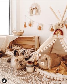 two rabbits in a teepee tent on the floor next to other bunnies and toys