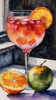 a watercolor painting of an orange and a wine glass on a window sill