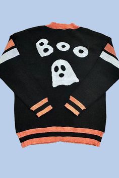 *Exclusive In-House Design**PLUS SIZING*-Button front-V neckline-Ghost and 'BOO" original intarsia Ghost Cardigan, Plus Size Cardigan, Spell Designs, Plus Size Cardigans, V Neckline, Black Cardigan, Spooky Season, Jacket Tops, Denim Dress