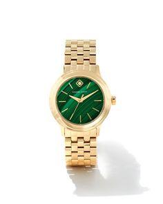 Crafted to last, the Alex Gold Tone Stainless Steel 35mm Watch in Green Malachite is designed with the most polished of metals and an anti-scratch sapphire glass case to bring glamour and sophistication to your everyday. True to our love of sparkle and elevated details, you can find a glimmer of diamond embedded within our iconic medallion logo. We have taken steps to ensure that, when applicable, our diamonds are conflict free by requiring our suppliers to comply with the Kimberley Process. Timeless Green Watch With Diamond Hour Markers, Timeless Green Watch, Green Stainless Steel Watch Accessories With Round Dial, Green Watches With Diamond Hour Markers, Green Watch With Polished Finish And Round Dial, Modern Green Stainless Steel Watch Accessories, Timeless Green Watch Accessories With Metal Dial, Elegant Green Watch Accessories, Modern Green Watches For Gift